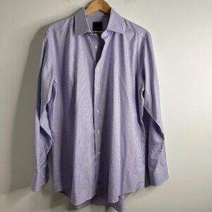 David Donahue Shirt Mens 17 34/35 Purple White Micro Check Plaid Trim Fit